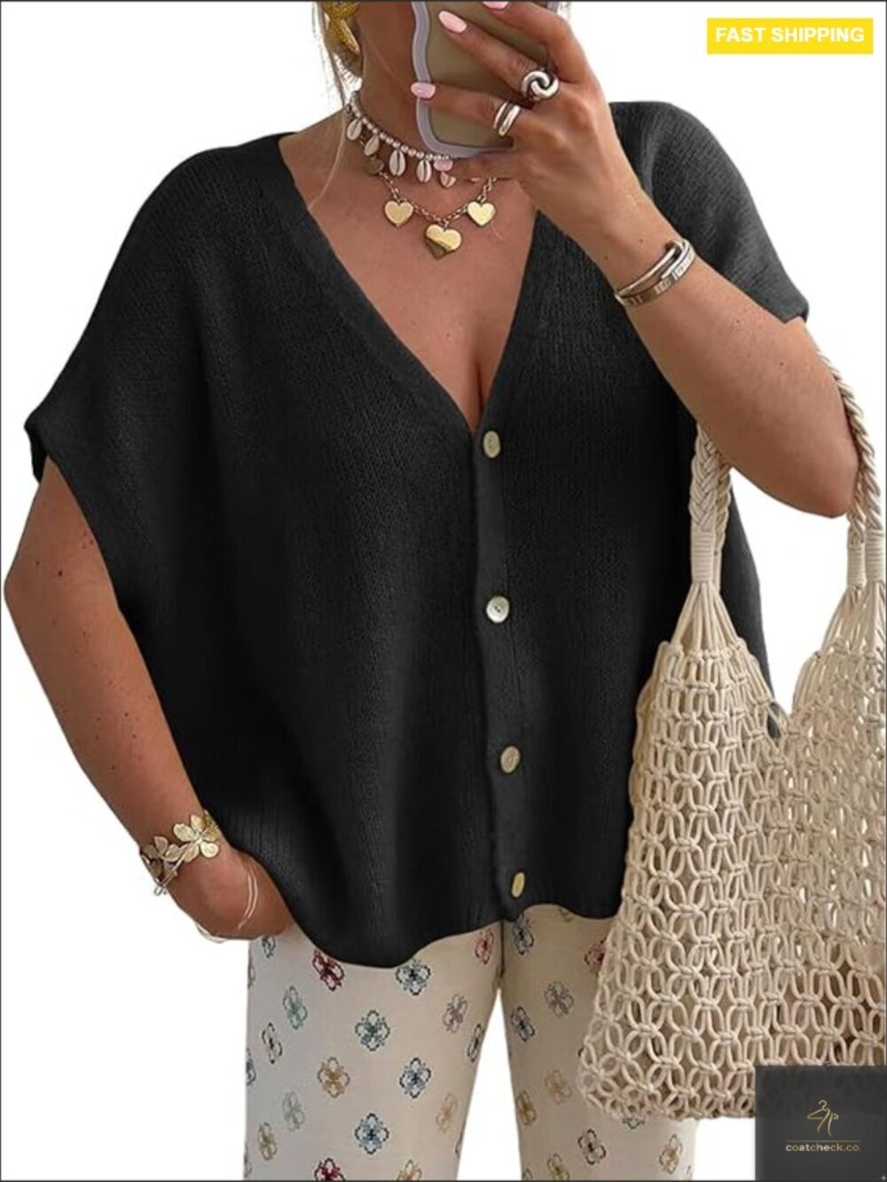 Oversized Batwing Short Sleeve Cardigan V-Neck Button Down Lightweight Knit Top